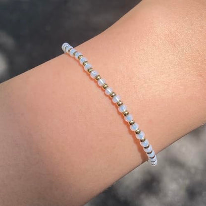 Handmade Opal White Glass & 18K Gold Plated Brass Beaded Bracelet | Minimalist Modern Jewelry for Women | Everyday Glamor Stacking Piece - size: Large