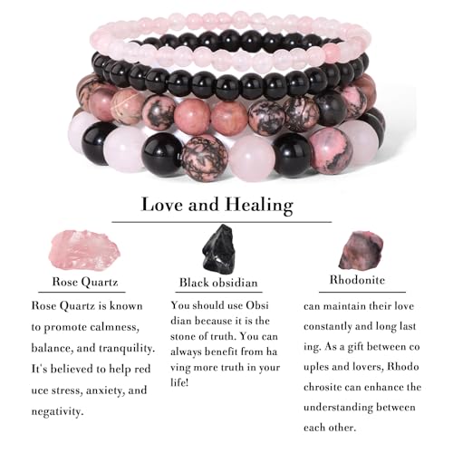 4pcs Beaded Bracelets for Women,Natural Healing Crystal Gemstones Bracelet,Anxiety Stress Relief Bracelet Handmade purple Jewelry Gifts for Women - color: Rose Quartz&Obsidian&Rhodonite