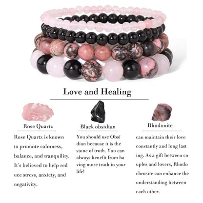 4pcs Beaded Bracelets for Women,Natural Healing Crystal Gemstones Bracelet,Anxiety Stress Relief Bracelet Handmade purple Jewelry Gifts for Women - color: Rose Quartz&Obsidian&Rhodonite