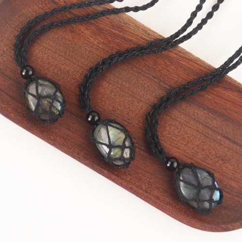 Natural unprocessed crystal raw stone hand woven rope adjustable necklace pendant for both men and women - color: C-3pcs Labradorite