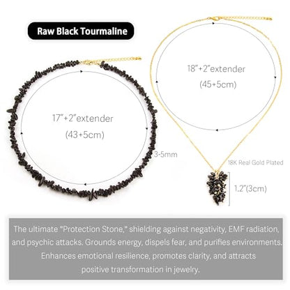 2Pcs Crystal Necklace for Women Handmade Choker Necklaces Pendant Necklace Natural Stone Gemstone Beaded Necklace 18k Gold Plated Adjustable Dainty Necklace for Women - color: Black Tourmaline
