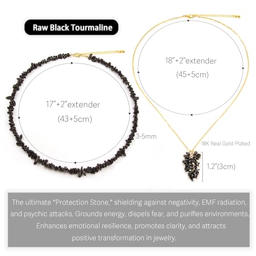 2Pcs Crystal Necklace for Women Handmade Choker Necklaces Pendant Necklace Natural Stone Gemstone Beaded Necklace 18k Gold Plated Adjustable Dainty Necklace for Women - color: Black Tourmaline