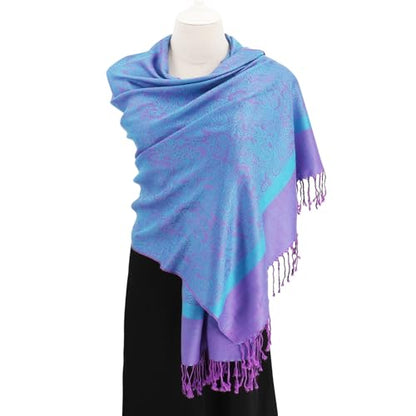 Silky Paisley Pashmina Shawl Scarf-Women's Soft Double-side Jacquard Pashminas Wrap for Evening Dress Travel Shawl - color: A-blue/Purple