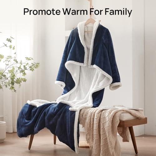 Westinghouse Electric Snuggle Throw Blankets with Foot Pocket, Wearable Heated Blanket with Sleeves, 6 Heating Levels & 2 to 10 Hours Heating Time Settings, 50 * 70"+18", Navy - color: Navy Blue&ivory, size: 70*50" Heated Snuggle Blanket