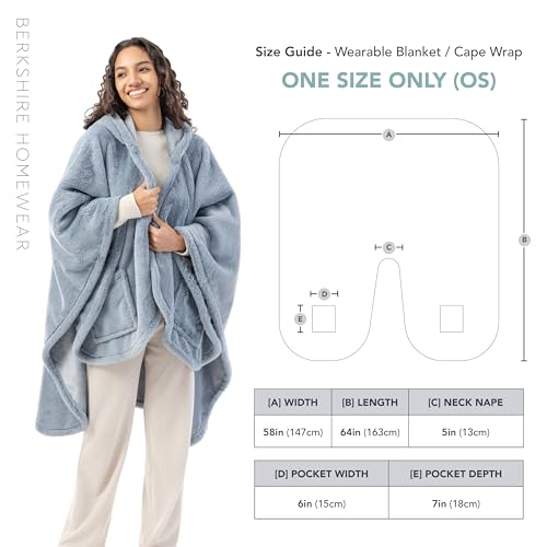 Berkshire Faux Fur Wearable Blanket, Cozy Reversible Loftmink Fleece Shawl with Hood & Side Pockets - color: Polar Blue