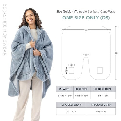 Berkshire Faux Fur Wearable Blanket, Cozy Reversible Loftmink Fleece Shawl with Hood & Side Pockets - color: Polar Blue