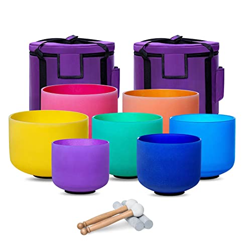 6-12inch Color 432hz Quartz Crystal Singing Bowls Set of 7, for Healing Mindfulness Meditation Yoga Sound Baths with Case Mallet Suede Striker - color: Colors Singing Bowls, size: 6-12 inch A-G Note 432hz