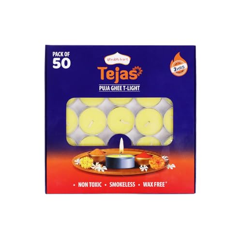 Shubhkart Tejas Premium Ghee T-Light Candle Set of 50 Wax-Free Smokeless Tealights for Prayer Rooms, Meditation, Home, Festive Events, Weddings & Gifting with Bright Long-Lasting 3-Hour Pure Flame
