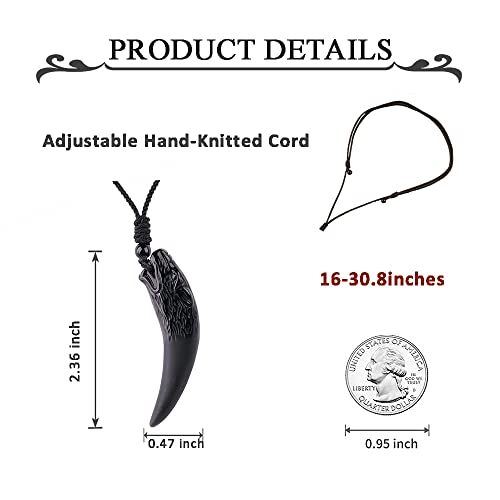 Black Obsidian Necklace Natural Crystal Amulet Protection Pendant with Adjustable Rope Lucky Talisman Necklaces Jewelry Gift for Men Women - color: WolfTooth Black
