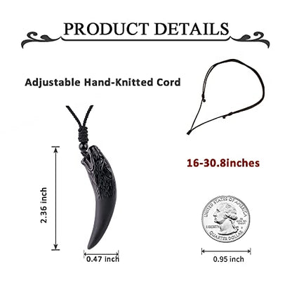 Black Obsidian Necklace Natural Crystal Amulet Protection Pendant with Adjustable Rope Lucky Talisman Necklaces Jewelry Gift for Men Women - color: WolfTooth Black