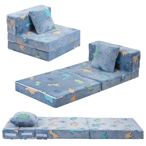 MeMoreCool Foldable Futon Chair Bed for Kids, Glow Tri-fold Sofa Bed Convertible Toddler Sofa Mattress, Foam Floor Couch for Sitting, Blue - color: Denim Dinosaur