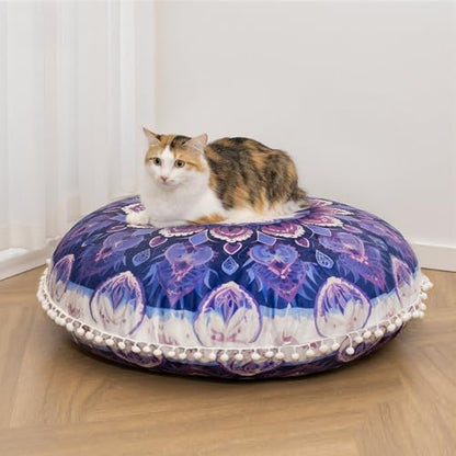 Meditation Cushion 32 Inch Round, Large Floor Pillow Seating for Adults, Bohemian Mandala Yoga Cushion, Extra Thick Memory Foam Removable Washable Cover, Ideal Gift & Holiday Decor, Purple