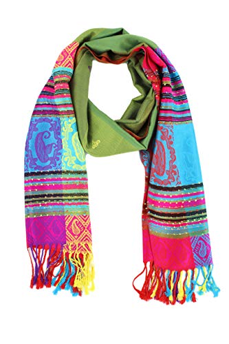 PASKMLNA Double Side Multi Colors Silky Tropical Colorful Exotic Pashmina Wrap Shawl Scarf Rave - color: #4olive Green