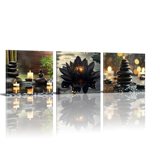 PLIDAAYO Black Lotus Wall Art 3 Piece Zen Stone Painting Canvas Floral Candle Print Picture Meditation Poster Decor for Spa Bathroom Office Home Ready to Hang(Zen-03,16"x16"x3)