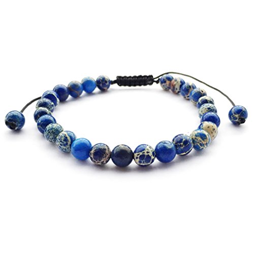 DOLON 6mm Round Stone Bead Braided Bracelet - color: Blue Imperial Jasper Bracelet