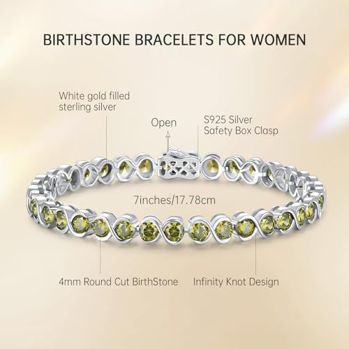 Birthstone Bracelets for Women, Sterling Silver 7 Inch Infinity Tennis Bracelet, Wedding Anniversary Birthday Jewelry Gifts for Women Wife Girlfriend Mom Her - color: 08-Aug-Peridot
