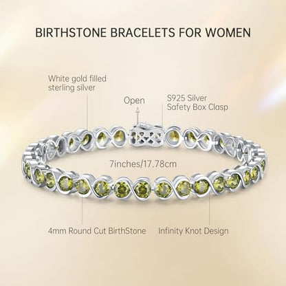 Birthstone Bracelets for Women, Sterling Silver 7 Inch Infinity Tennis Bracelet, Wedding Anniversary Birthday Jewelry Gifts for Women Wife Girlfriend Mom Her - color: 08-Aug-Peridot