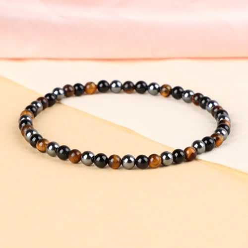LPBeads Handmade Natural Gemstone Stretch Elastic Bracelet Healing Crystal Round Stone Beads Jewelry Gifts for Women Men - color: Onyx Tiger Hematite Mixed, size: 4mm