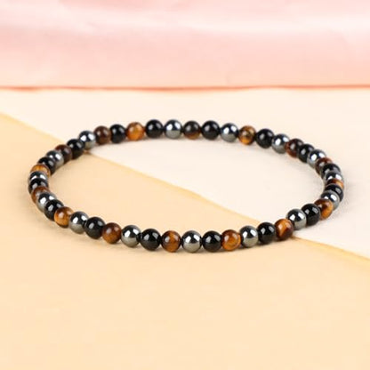 LPBeads Handmade Natural Gemstone Stretch Elastic Bracelet Healing Crystal Round Stone Beads Jewelry Gifts for Women Men - color: Onyx Tiger Hematite Mixed, size: 4mm