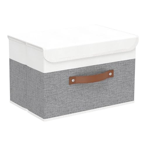 Yawinhe Storage Boxes with Lids, Linen Fabric Bin, Cube Organizer Basket, Washable and Leather Handle, for Home, Closet, White/Grey, 15.0''Lx9.8''Wx9.8''H, 1-Pack, USNK024WGL-1 - color: White/Grey, size: L/(1 Pack)