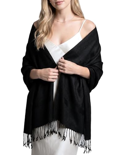 Achillea Two-Tone Vintage Paisley Pashmina Scarf – Lightweight Wrap & Shawl for Dresses, Weddings, Travel, All Seasons - color: Black