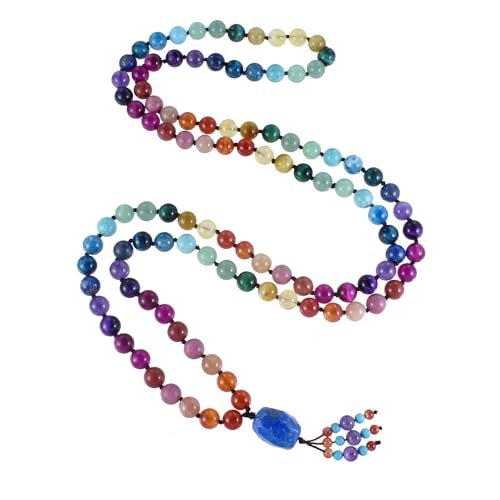 108 Mala Beads Genuine Semi-Precious Gemstone Hand Knotted 8MM Prayer Beads Long Multicolor Necklace 40 Inches