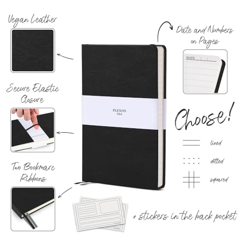 Plexon Dotted Journal Notebook, Notebook Journal 160 Pages, Dotted Notebook Medium 5.7 inches x 8 inches, 120 GSM Thick Paper, Black, Hardcover - color: Black, style: Dotted