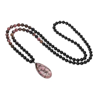 COAI Teardrop Pendant Necklace 108 Mala Stone Beaded Necklace, Prayer Beads Necklace for Women - style: Onyx & Rhodonite