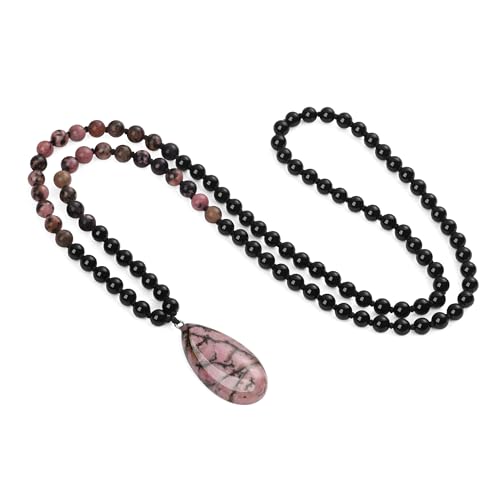 COAI Teardrop Pendant Necklace 108 Mala Stone Beaded Necklace, Prayer Beads Necklace for Women - style: Onyx & Rhodonite