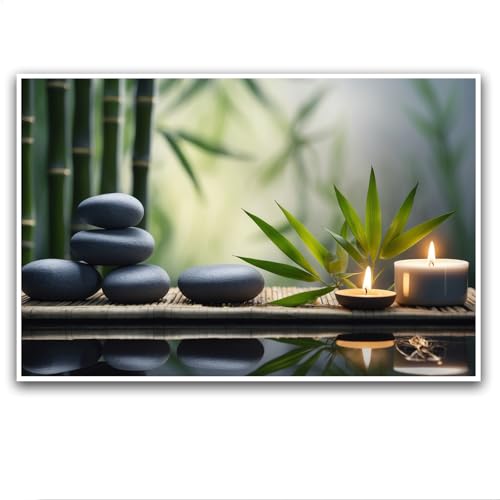 Zen Stone Candle Canvas Wall Painting Black Stone Burning White Candle Green Bamboo Picture Poster Zen Meditation Artwork for Serene Home Kitchen Meditation Room Yoga Spa Center Decor - color: Zen-8, size: 8x12in Frameless