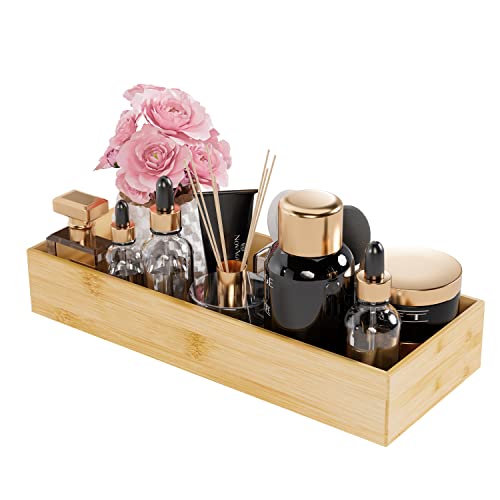 Bathroom Vanity Tray Organizer Bamboo, Small Wood Tray for Counter Kicthen Drawer, Rectangular Toilet Paper Storage Basket Box, Guest Sink Tray Decor, Bathroom Accessories 15" x 6" x 2.5" - color: Bamboo, size: 15*6*2.5 inch