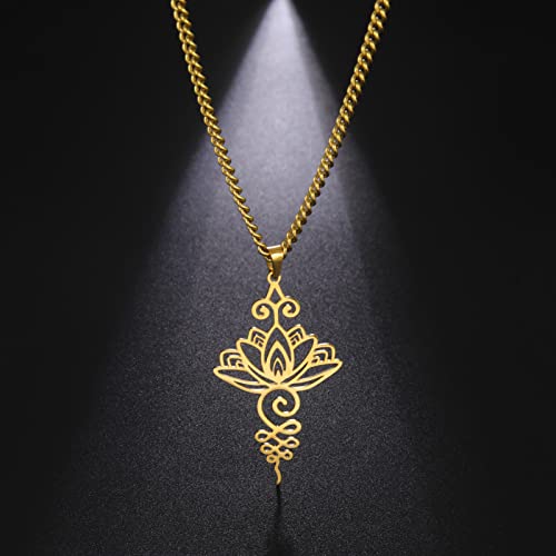 Dreamtimes Lotus Flower Pendant Necklace for Women Yoga Healing Charms Unalome Symbol Amulet Stainless Steel Jewelry Lotus Flower Necklace Buddha Yoga Necklace - color: GOLD