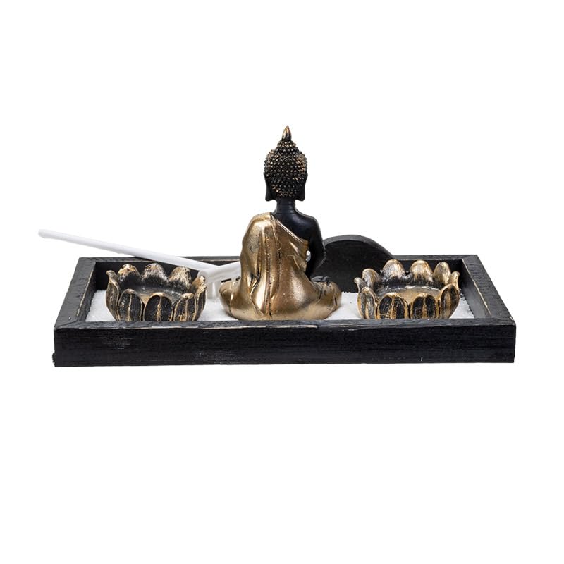 Summit Collection Gifts Meditation Zen Garden Set with Black and Gold Buddha Figurine Two Lotus Tea Light Candle Holders White Sand Decorative Wood Display Tray Decor 9" x 5"