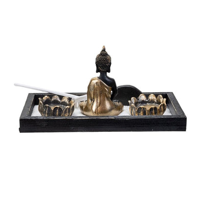 Pacific Giftware Meditation Zen Garden Set with Black and Gold Buddha Figurine Two Lotus Tea Light Candle Holders White Sand Decorative Wood Display Tray Decor 9" x 5"