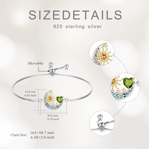 925 Sterling Silver Moon and Sun Star Adjustable Link Bracelet for Women with 12 Month Birthstone Birthday Jewelry - style: 08 - Aug.