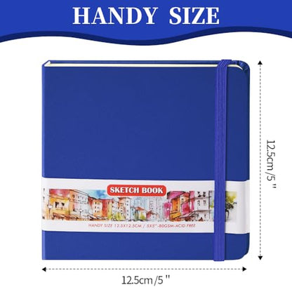 E-WEICHEN Square 5x5 inches 80gsm 96sheets/192 Pages Notebooks Blank Sketchbooks Travel Journal Pocket Hardcover Paint Writing Diary Memo Planner PU Leather Cover. Sapphire Blue - color: PU Cover-5x5in-Sapphire Blue