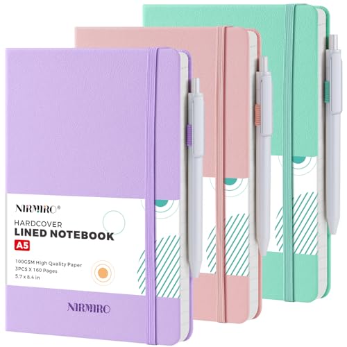 Journal Notebook for Women Men, A5 (5.7"x8.4"), 3 Pack 160 Pages Hardcover Lined Journaling Notebooks with Pen, 100GSM Paper, for Work, Writing, Travel, School Office Supplies, Pink Purple Green - color: Pink-purple-green, size: A5