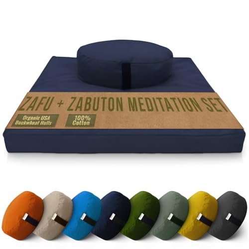 Bean Products Meditation Cushion Mat Set - Zafu Floor Pillow Organic Buckwheat Pillow + Cotton Filled Zabuton Prayer Pad - Meditation Pillow Yoga Knee Pad - Made in USA - 14" Round or 18" Oval - color: Navy - 10oz Cotton Canvas, size: Oval Combo