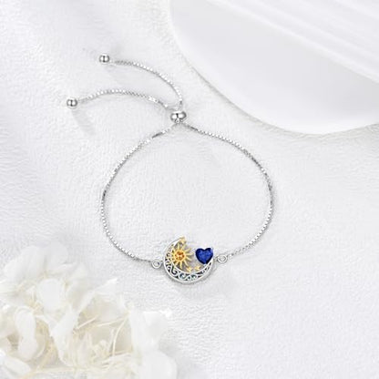 925 Sterling Silver Moon and Sun Star Adjustable Link Bracelet for Women with 12 Month Birthstone Birthday Jewelry - style: 09 - Sept.