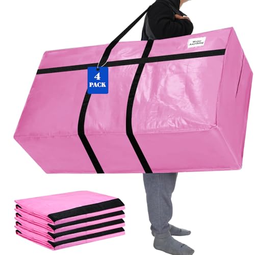 Windyun 4 Pack 69 Gallon Extra Large Moving Bags XXL Heavy Duty Storage Bag with Strong Zipper Handle Jumbo Big Tote Box Foldable for College Dorm Travel Clothes Duffle Blanket Pillow(Pink) - color: Pink, size: 69 Gallon