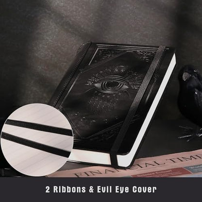 TIEFOSSI Lined Journal Notebook for Women Men, Leather Journal with Pen, A5 Evil Eye Hardcover Notebook for Work, Journaling, Travel & School, 100 GSM Thick Paper, 320 Numbered Pages, 6.2 x 8.3 in - color: Black
