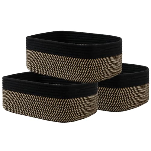 Small Woven Basket, 13.5 x 9.5 x 5 Inches, Storage Basket for Organizing, Cute Small Rope Shelf Closet Cube Storage Bins Baskets for Shelves, Dog Toy Gift Baskets Empty, 3 Pack Black & Brown - color: Black & Brown, size: 13.5"L x 9.5"W x 5"H
