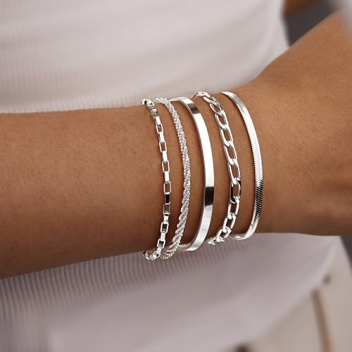 Dainty Gold Bracelet for Women Stack, Thin Bracelets Stackable Set with Bangle Cuff, Box, Herringbone, Paperclip, Figaro, Sparkling Link Chains Waterproof, Simple Jewelry Gifts for Women Non Tarnish - color: style 03-silver