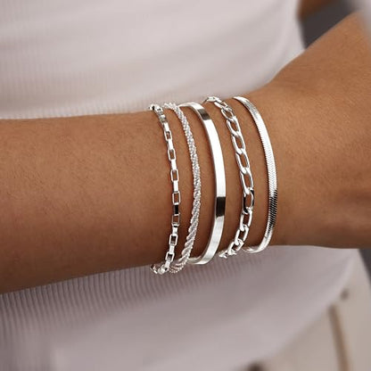 Dainty Gold Bracelet for Women Stack, Thin Bracelets Stackable Set with Bangle Cuff, Box, Herringbone, Paperclip, Figaro, Sparkling Link Chains Waterproof, Simple Jewelry Gifts for Women Non Tarnish - color: style 03-silver