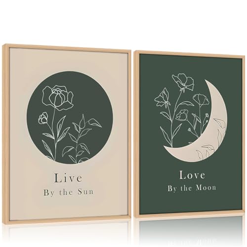 Framed Green Boho Sun and Moon Wall Art Set of 2 for Bedroom Modern Abstract Line Art Canvas Prints Motivational Quotes Picture Wall Decor Minimalist Bohemian Paintings for Living Room12x16Inches - color: Sun and Moon, size: 12x16 Inches