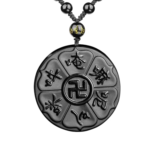 Black Obsidian Necklace Protection Pendant with Extended Bead Chain Healing Crystal Stone Amulet Necklace for Men Women - color: Daming Mantra