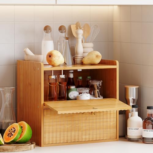 Trironsun Rustic Bread Box for Kitchen Countertop Bamboo Bread Storage Container Bin Double Layer BreadBox Farmhouse Large Capacity Food Organizer (Natural Bamboo) - color: Natural Bamboo