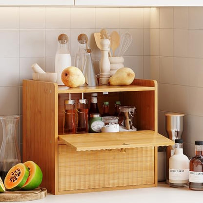 Trironsun Rustic Bread Box for Kitchen Countertop Bamboo Bread Storage Container Bin Double Layer BreadBox Farmhouse Large Capacity Food Organizer (Natural Bamboo) - color: Natural Bamboo
