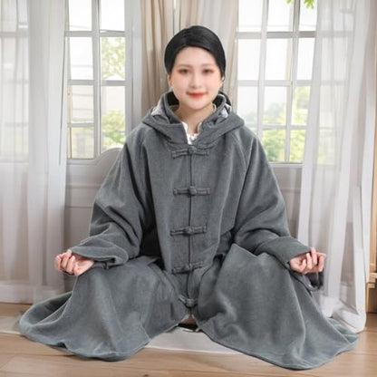 Men Women Meditation Hooded Long Sleeves Coat Double Layer Plush Warm Prayer Robe Button Down Winter Cloak