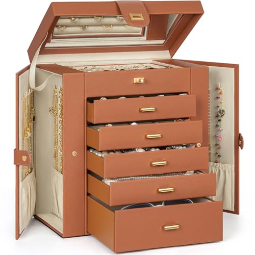 AKOZLIN Huge Jewelry Box Organizer Functional Large Leather Jewelry Storage Case for Women Girls Ring Necklace Earring Bracelet Holder Organizer with Mirror - color: Orange, size: Extra Large
